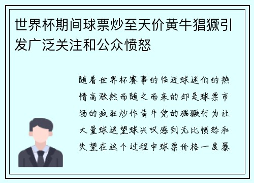 世界杯期间球票炒至天价黄牛猖獗引发广泛关注和公众愤怒